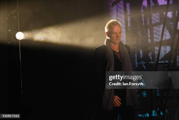 Sting discusses the musical arrangement with cast members during 'The Last Ship' photocall at Northern Stage on March 16, 2018 in Newcastle Upon...