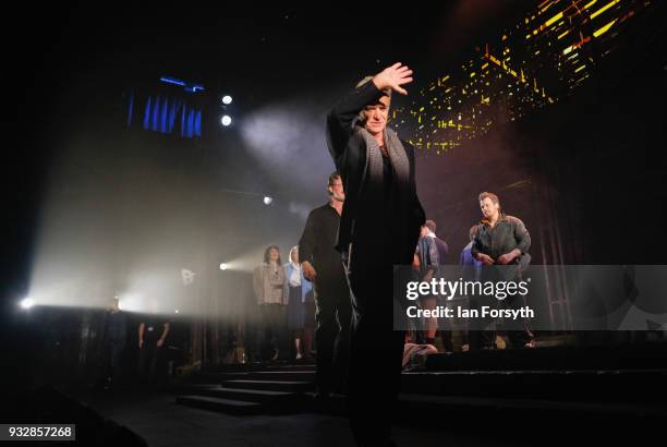 Sting discusses the musical arrangement with cast members during 'The Last Ship' photocall at Northern Stage on March 16, 2018 in Newcastle Upon...