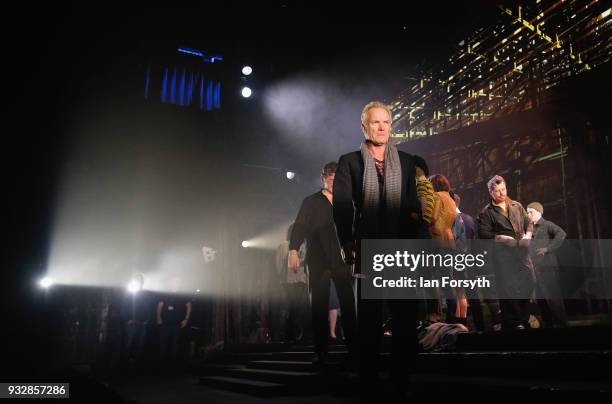 Sting discusses the musical arrangement with cast members during 'The Last Ship' photocall at Northern Stage on March 16, 2018 in Newcastle Upon...