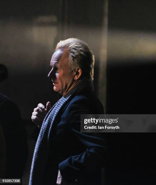 Sting discusses the musical arrangement with cast members during 'The Last Ship' photocall at Northern Stage on March 16, 2018 in Newcastle Upon...