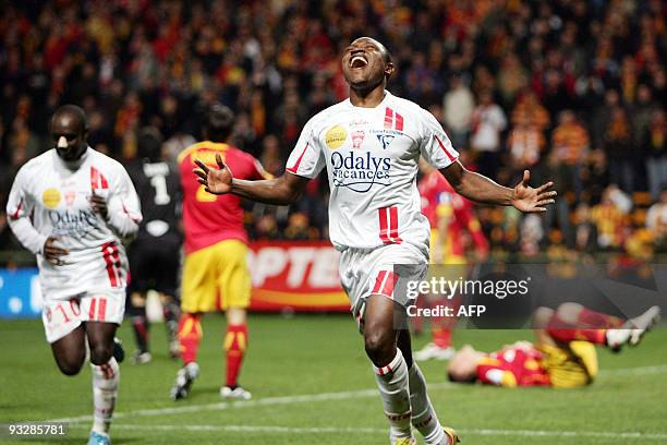 Nancy's Paul Alo'o Efoulou celebrates after scoring during the French L1 football match Lens vs. Nancy on November 21, 2009 at the Felix-Bollaert...