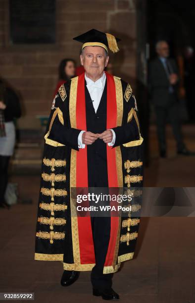 University of Chester Chancellor Gyles Brandeth attends the University of Chester's graduation ceremony in Chester Cathedral on March 16, 2018 in...