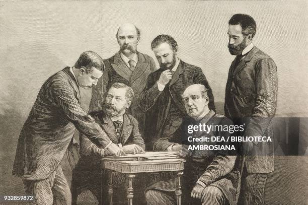 The Russian and Anglo-Indian delegates discussing about the Approach of the British and Russian frontiers in Asia at the Geographical Congress,...