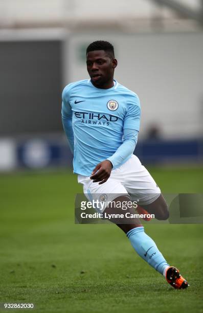 Tom Dele-Bashiru of Manchester City runs during the UEFA Youth League Quarter-Final at Manchester City Football Academy on March 14, 2018 in...