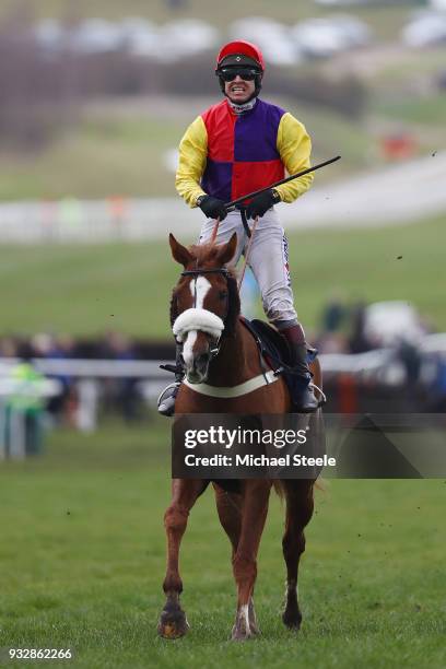 Richard Johnson on Native River celebrates after winning the Timico Cheltenham Gold Cup Chase at the Cheltenham Festival at Cheltenham Racecourse on...
