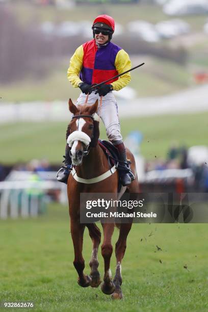 Richard Johnson on Native River celebrates after winning the Timico Cheltenham Gold Cup Chase at the Cheltenham Festival at Cheltenham Racecourse on...