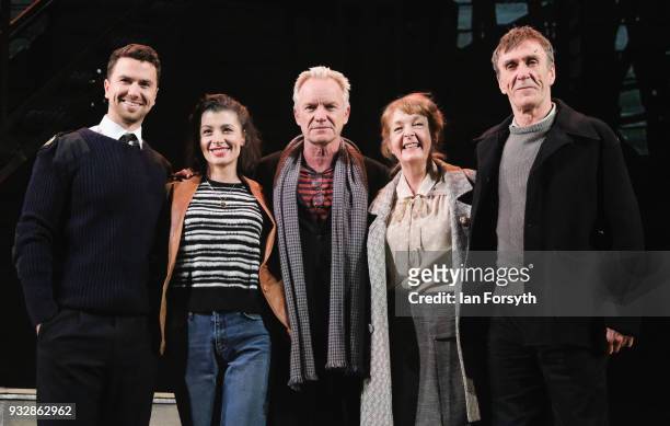 Musician Sting stands with actors Richard Fleeshman, Frances McNamee, Charlie Hardwick and Joe McGann during 'The Last Ship' photocall at Northern...