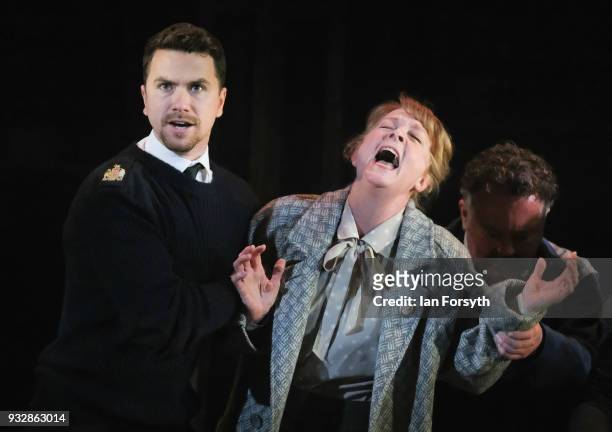Actors Richard Fleeshman and Charlie Hardwick take part in rehearsals during 'The Last Ship' photocall at Northern Stage on March 16, 2018 in...