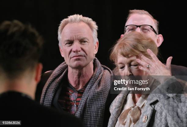 Musician Sting stands with cast members during 'The Last Ship' photocall at Northern Stage on March 16, 2018 in Newcastle Upon Tyne, England. Sting's...