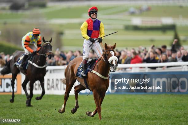 Richard Johnson on Native River celebrates after winning the Timico Cheltenham Gold Cup Chase at the Cheltenham Festival at Cheltenham Racecourse on...