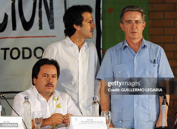 Colombia's President Alvaro Uribe , Foreign Minister Jaime Bermudez and Norte de Santander's province Governor Willian Villamizar attend a Communal...