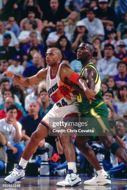 Charles Barkley of the Phoenix Suns posts up on April 19, 1994 at America West Arena in Phoenix, Arizona. NOTE TO USER: User expressly acknowledges...