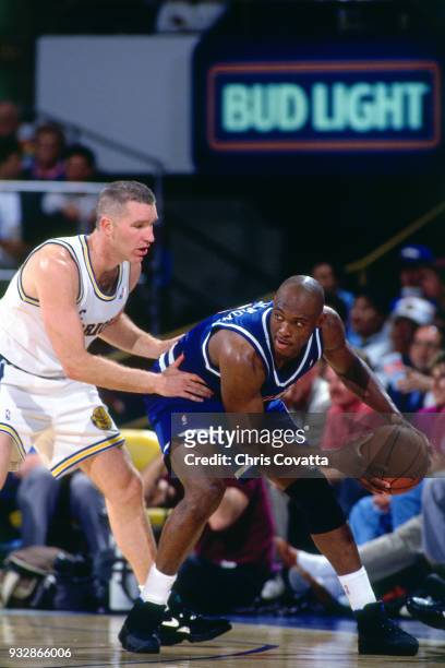 Mitch Richmond of the Sacramento Kings handles the ball on April 21, 1994 at the Oakland-Alameda Coliseum in Oaklan, California. NOTE TO USER: User...