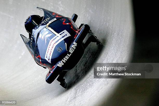 Driver Erin Pac competes in her first run of the 2-man bobsled competition during the FIBT Bob & Skeleton World Cup on November 21, 2009 at the...