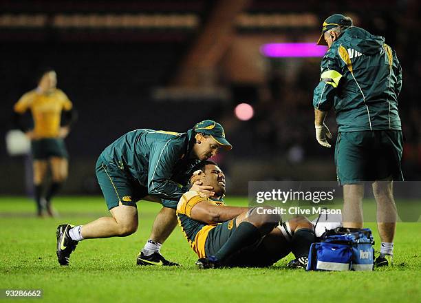 Wycliff Palu of Australia receives treatment during the Bank Of Scotland Corporate Autumn Tests match between Scotland and Australia at Murrayfield...