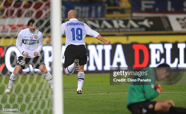Esteban Cambiasso of Inter celebrates after scoring Internazionale's third goal during the Serie A match between Bologna and Inter Milan at Stadio...