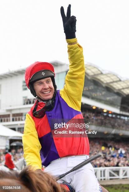 Cheltenham , United Kingdom - 16 March 2018; Richard Johnson celebrates after winning the Timico Cheltenham Gold Cup Steeple Chase on Native River on...