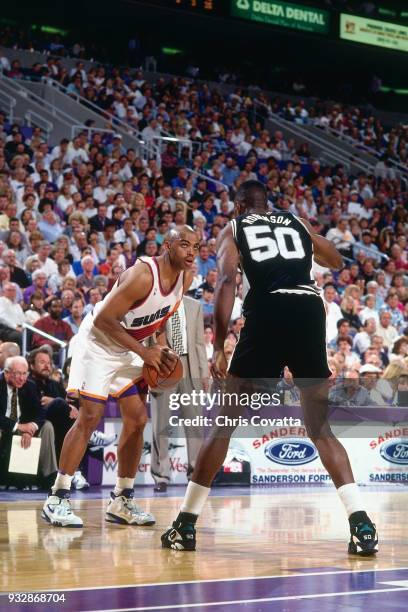 Charles Barkley of the Phoenix Suns handles the ball on April 6, 1994 at America West Arena in Phoenix, Arizona. NOTE TO USER: User expressly...