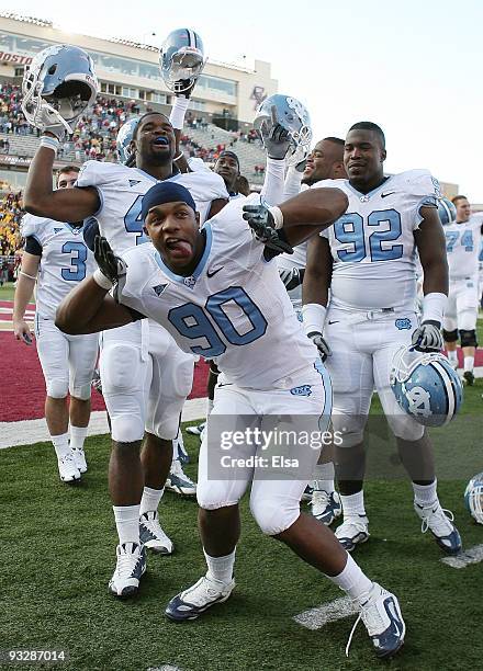 Quinton Coples of the North Carolina Tar Heels and the rest of his teammates celebrate the win over the Boston College Eagles on November 21, 2009 at...