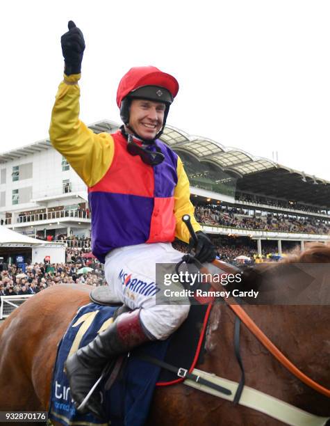 Cheltenham , United Kingdom - 16 March 2018; Jockey Richard Johnson celebrates after winning the Timico Cheltenham Gold Cup Steeple Chase on Native...