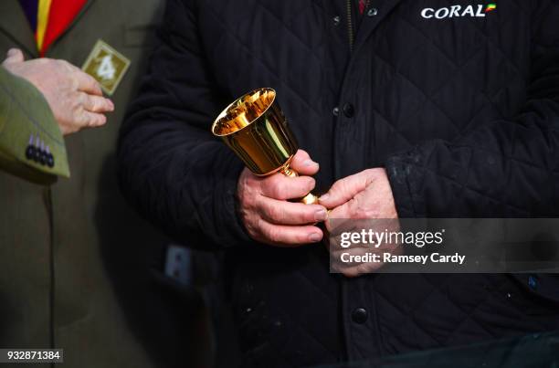 Cheltenham , United Kingdom - 16 March 2018; Trainer Colin Tizzard with the Trainers Gold Cup after winning the Timico Cheltenham Gold Cup Steeple...