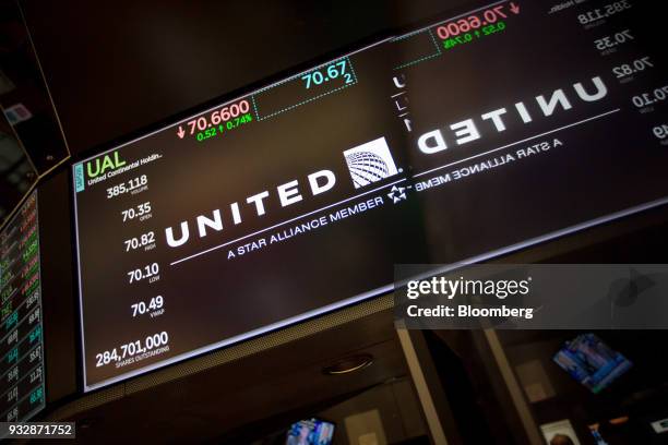 Monitor displays United Continental Holdings Inc. Signage on the floor of the New York Stock Exchange in New York, U.S., on Friday, March 16, 2018....