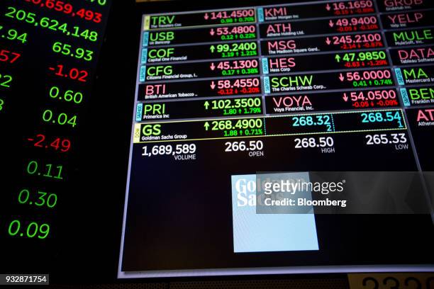 Monitor displays Goldman Sachs Group Inc. Signage on the floor of the New York Stock Exchange in New York, U.S., on Friday, March 16, 2018. U.S....