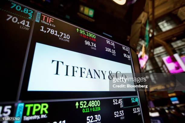 Monitor displays Tiffany & Co. Signage on the floor of the New York Stock Exchange in New York, U.S., on Friday, March 16, 2018. U.S. Stocks broke...