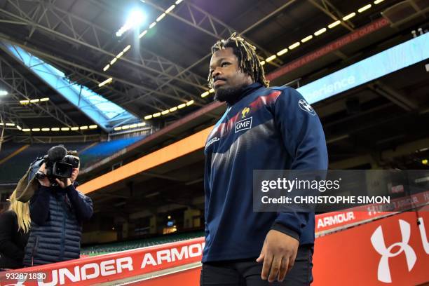 New captain of France rugby team Mathieu Bastareaud arrives for the captain run of France at the Millenium stadium, in Cardiff on March 16 on the eve...