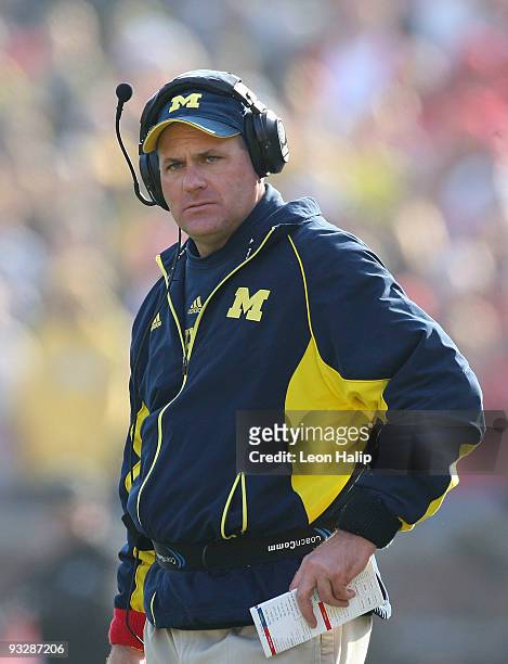 University of Michigan head coach Rich Rodriguez watches the replay late in the fourth quarter as the Ohio State Buckeyes defeated the Michigan...