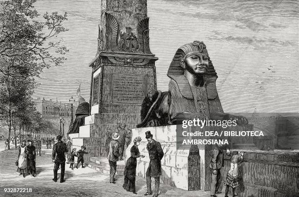 Cleopatra's Needle on the Thames Embankment, with the Sphinxes which will shortly be placed at the base, London, United Kingdom, illustration from...