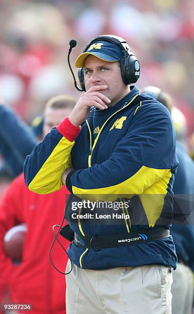 University of Michigan head coach Rich Rodriguez watches the replay late in the fourth quarter as the Ohio State Buckeyes defeated the Michigan...