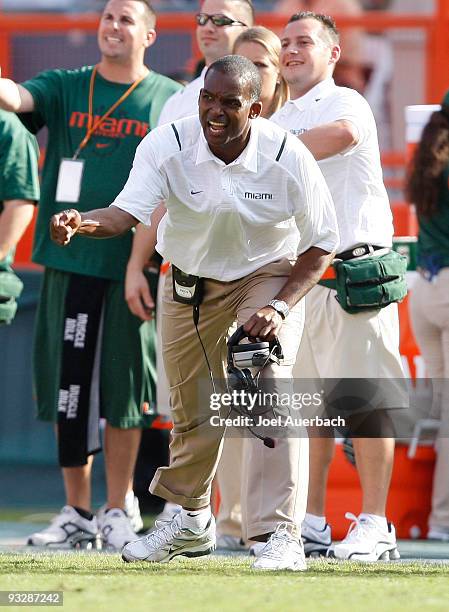 Head coach Randy Shannon of the Miami Hurricanes reacts to a penalty flag during the fourth quarter of the game against the Duke Blue Devils on...