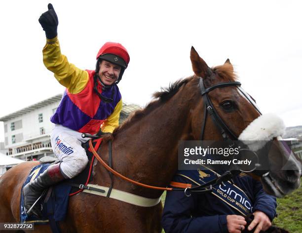 Cheltenham , United Kingdom - 16 March 2018; Jockey Richard Johnson celebrates after winning the Timico Cheltenham Gold Cup Steeple Chase on Native...