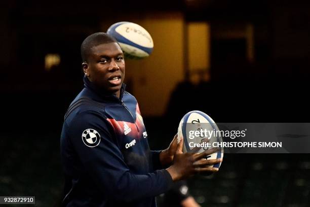 France's flanker Yacouba Camara practices during the captain run of France at the Millenium stadium, in Cardiff on March 16 on the eve of their game...