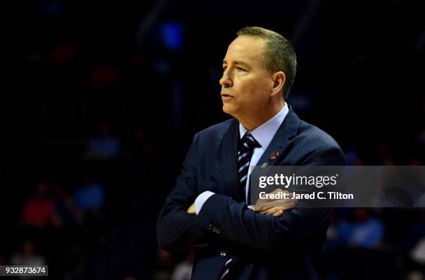 Head coach Billy Kennedy of the Texas A&M Aggies looks on against the Providence Friars during the first round of the 2018 NCAA Men's Basketball...