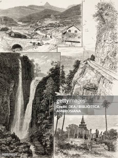 Maskeliya, Adam's Peak in the distance, 2 The Mountain Railway, 3 Rangbodde Falls, Rangbodde, 4 Dagoba Anarajapoora, Notes from Ceylon, Sri Lanka,...