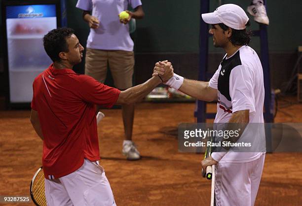 Brian Dabul of Argentina greets Eduardo Schwank of Argentina during the Lima Challenger Movistar Open on November 21, 2009 in Lima, Peru.