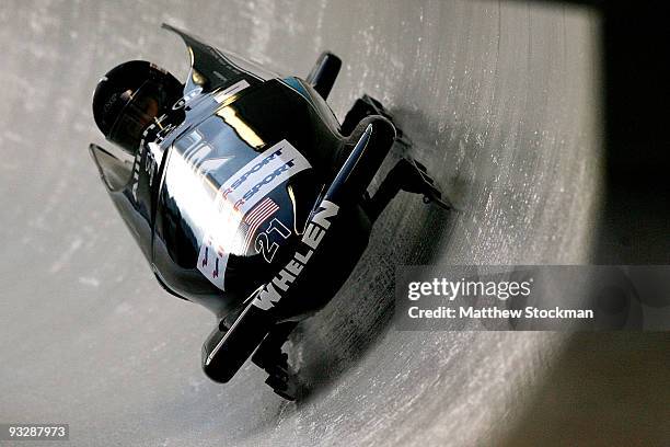 Driver Erin Pac competes in her second run of the 2-man bobsled competition during the FIBT Bob & Skeleton World Cup on November 21, 2009 at the...