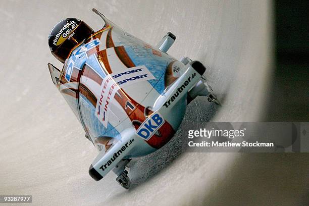 Driver Sandra Kiriasis of Germany competes in her first run of the 2-man bobsled competition during the FIBT Bob & Skeleton World Cup on November 21,...