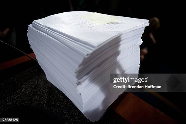 The Senate's health care reform bill sits on the podium following a news conference by Republican Senators on Capitol Hill on November 21, 2009 in...