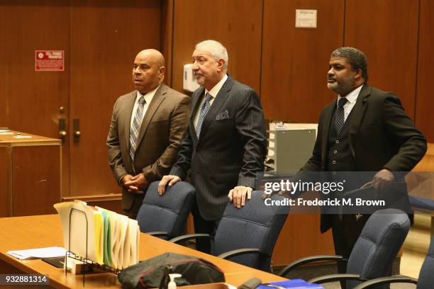 Attorney Mark Geragos stands with his client Matthew Fletcher and Thaddeus Culpepper during their arraignment hearing at Criminal Courts Building on...