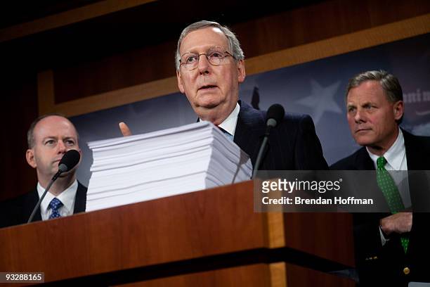 Senate Minority Leader Mitch McConnell , along with Sens. George LeMieux and Richard Burr , speaks at a news conference regarding the Senate's health...