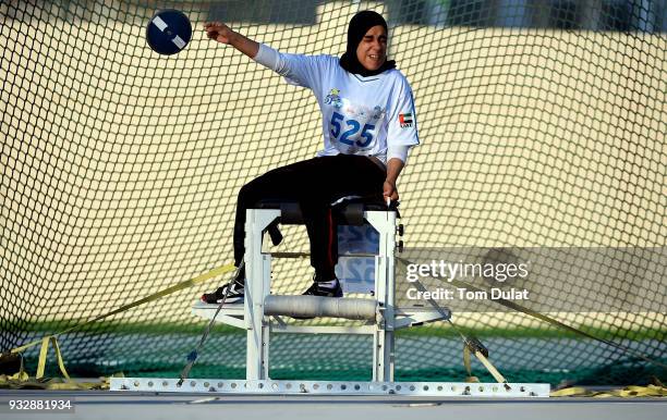 Shaikha Abdulaziz of UAE competes in women's wheelchair discus final during 10th Fazza International IPC Athletics Grand Prix Competition - World...