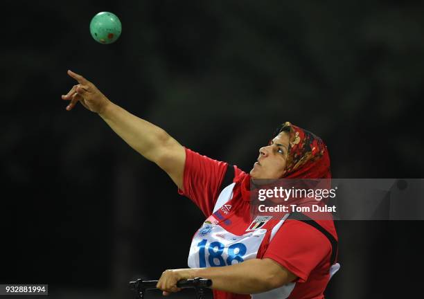 Maha Abousalem of Egypt competes in women's wheelchair shot put final during the 10th Fazza International IPC Athletics Grand Prix Competition -...