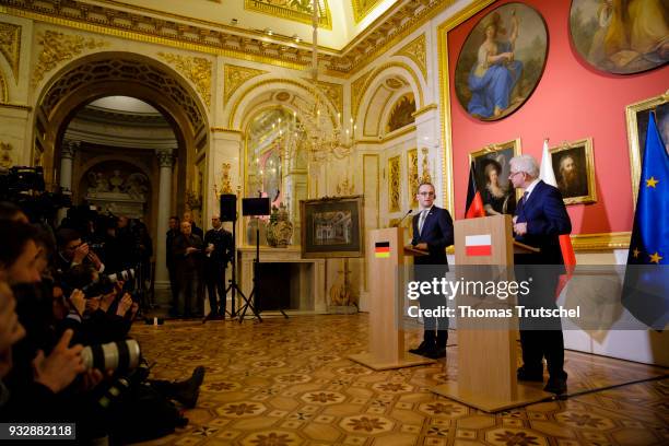 German Foreign Minister and Vice Chancellor Heiko Maas and Foreign Minister of Poland Jacek Czaputowicz, speaks to the media after their meeting on...