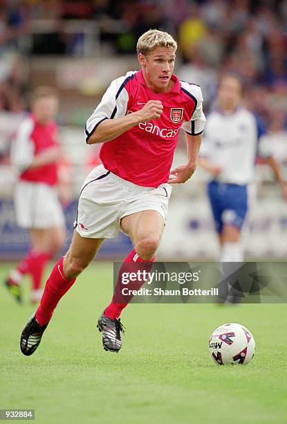 Moritz Volz of Arsenal runs with the ball during the pre-season match against Rushden & Diamonds played at Nene Park, in Irthlinborough, England....