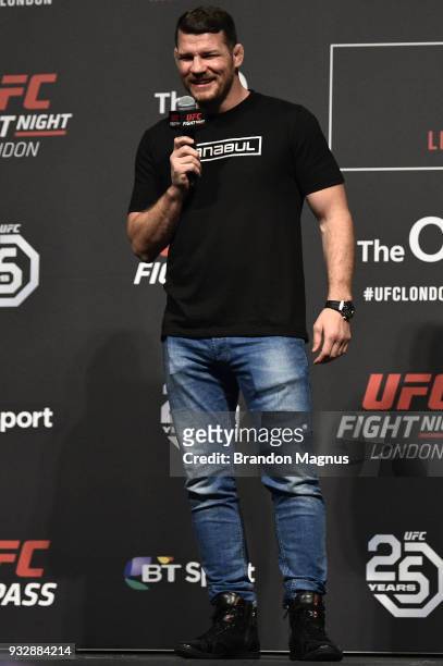 Middleweight Michael Bisping interacts with fans during a Q&A session after the UFC Fight Night weigh-in inside The O2 Arena on March 16, 2018 in...