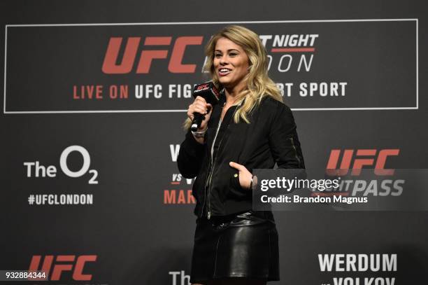 Women's flyweight Paige Vanzant interacts with fans during a Q&A session after the UFC Fight Night weigh-in inside The O2 Arena on March 16, 2018 in...