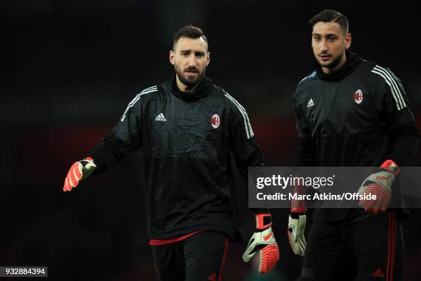 Antonio Donnarumma and Gianluigi Donnarumma of AC Milan during the UEFA Europa League Round of 16 2nd leg match between Arsenal and AC MIian at...